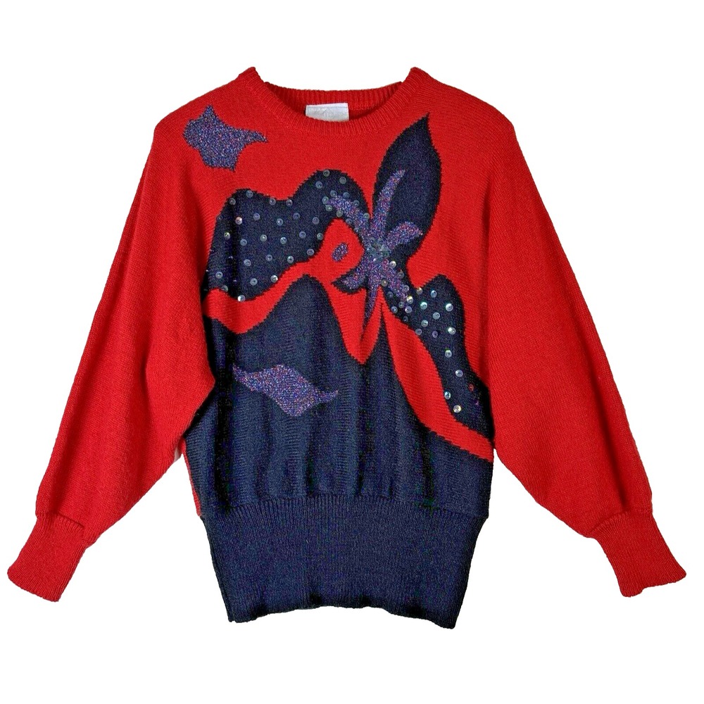 Vtg Regency Collection‎ For Joyce Womens Sweater Sz M Red Black Abstract Sequin